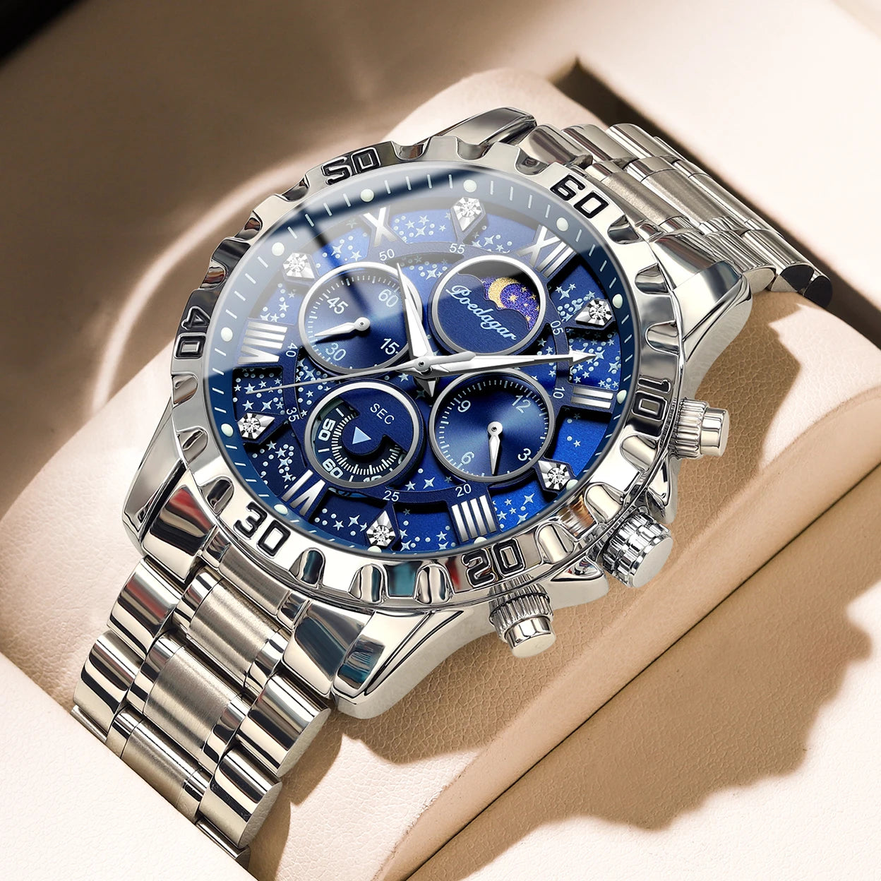 POEDAGAR Luxury Men's Watch – Waterproof Quartz Chronograph, Luminous Steel Sports Watch