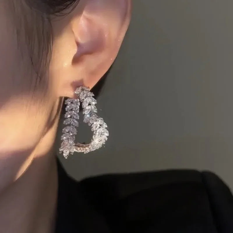 Korean Luxury Zircon Leaf Earrings – Elegant Heavy Industry Design for Women
