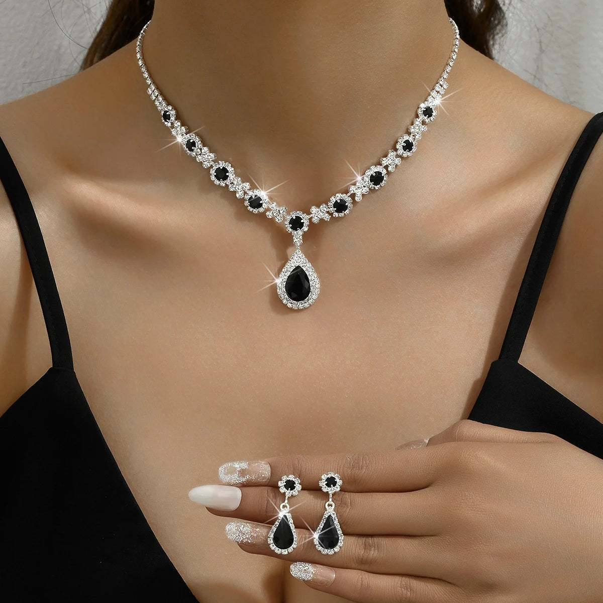 Elegant 3-Piece Crystal Droplet Necklace & Earrings Set for Women | Wedding & Evening Dress Jewelry