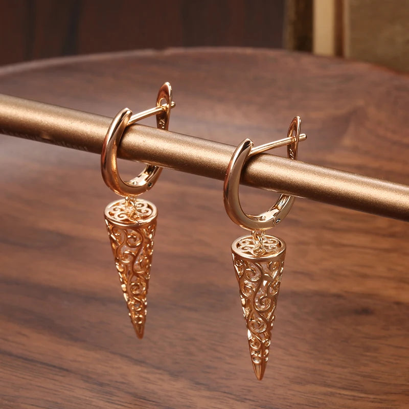 Luxury 585 Rose Gold Zircon Dangle Earrings for Women – Elegant Hollow Design