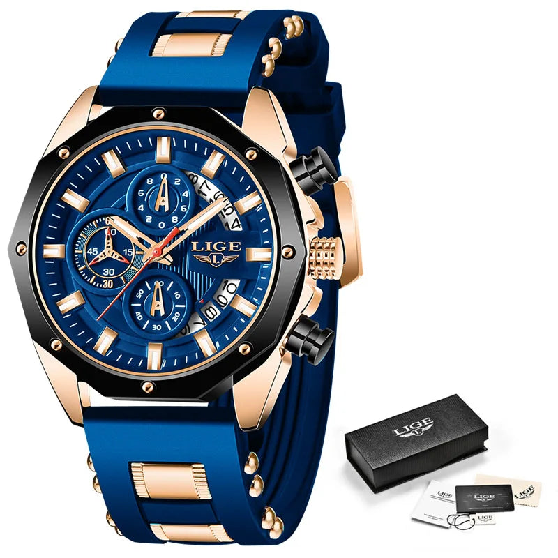 LIGE 2024 Men’s Luxury Sport Watch – Waterproof Silicone Strap Quartz Wristw