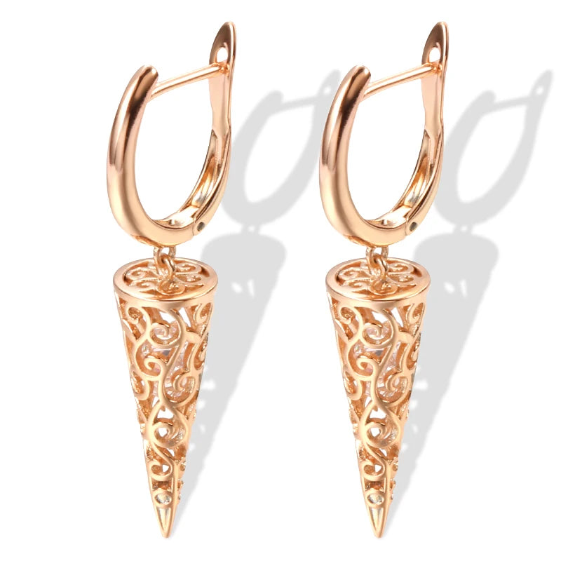 Luxury 585 Rose Gold Zircon Dangle Earrings for Women – Elegant Hollow Design