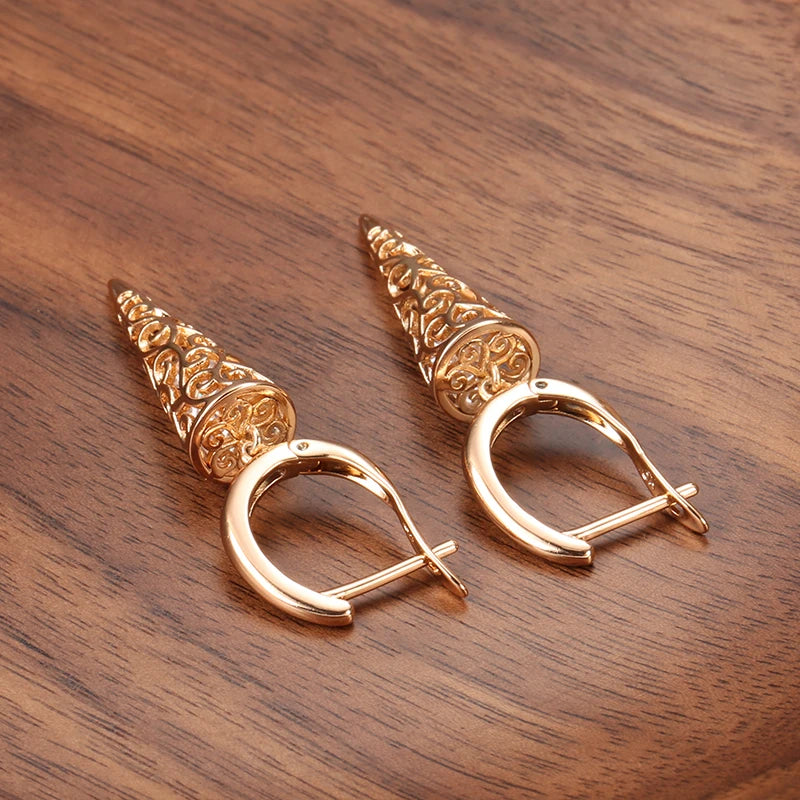 Luxury 585 Rose Gold Zircon Dangle Earrings for Women – Elegant Hollow Design