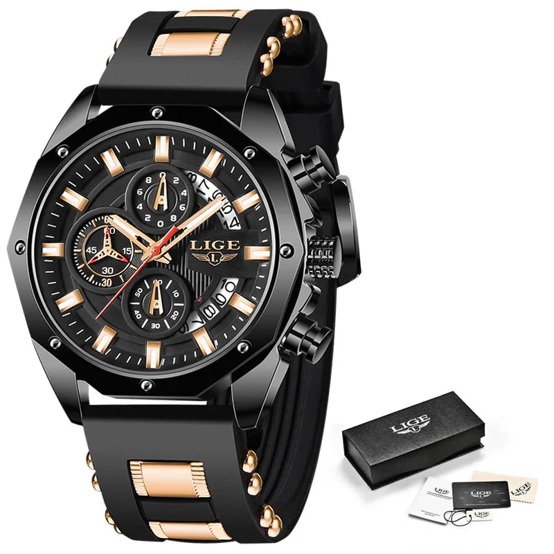 LIGE 2024 Men’s Luxury Sport Watch – Waterproof Silicone Strap Quartz Wristw