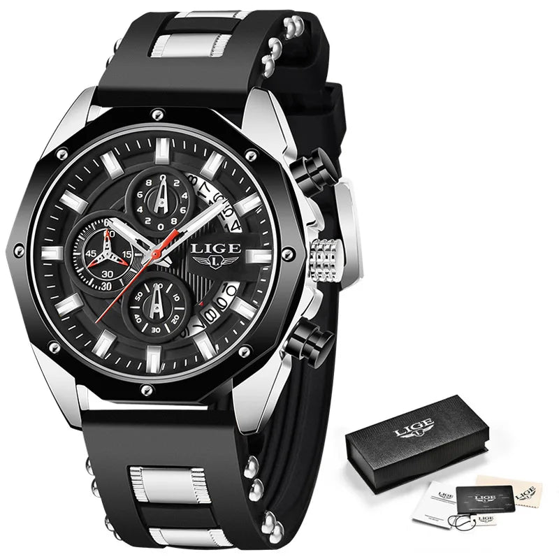 LIGE 2024 Men’s Luxury Sport Watch – Waterproof Silicone Strap Quartz Wristw