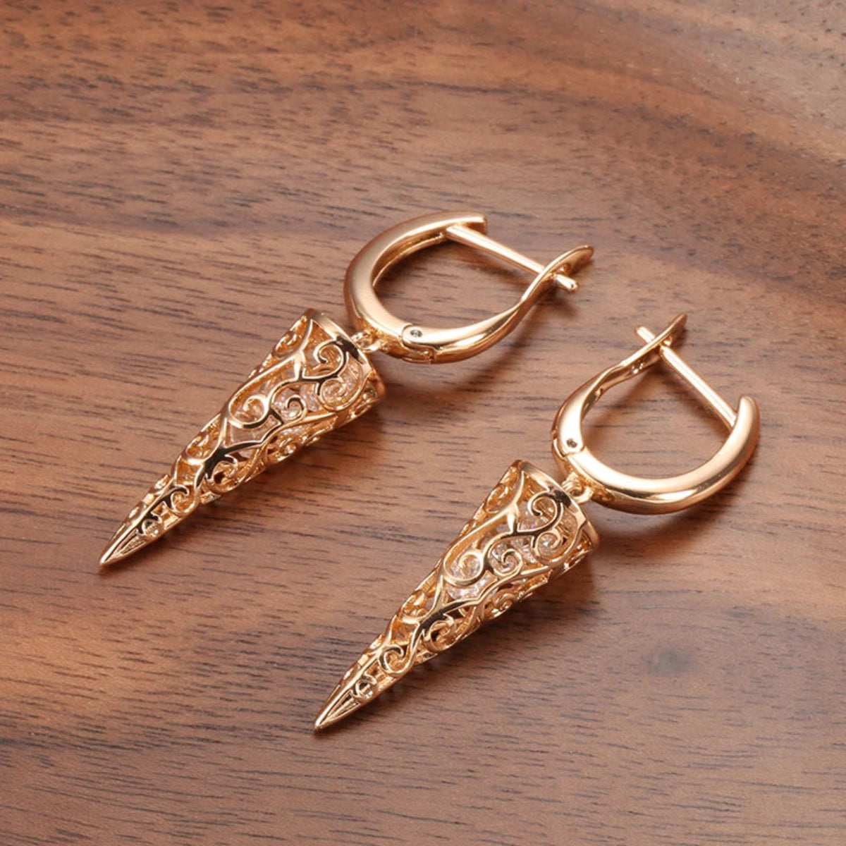 Luxury 585 Rose Gold Zircon Dangle Earrings for Women – Elegant Hollow Design