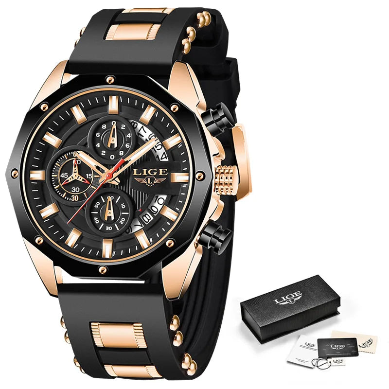 LIGE 2024 Men’s Luxury Sport Watch – Waterproof Silicone Strap Quartz Wristw
