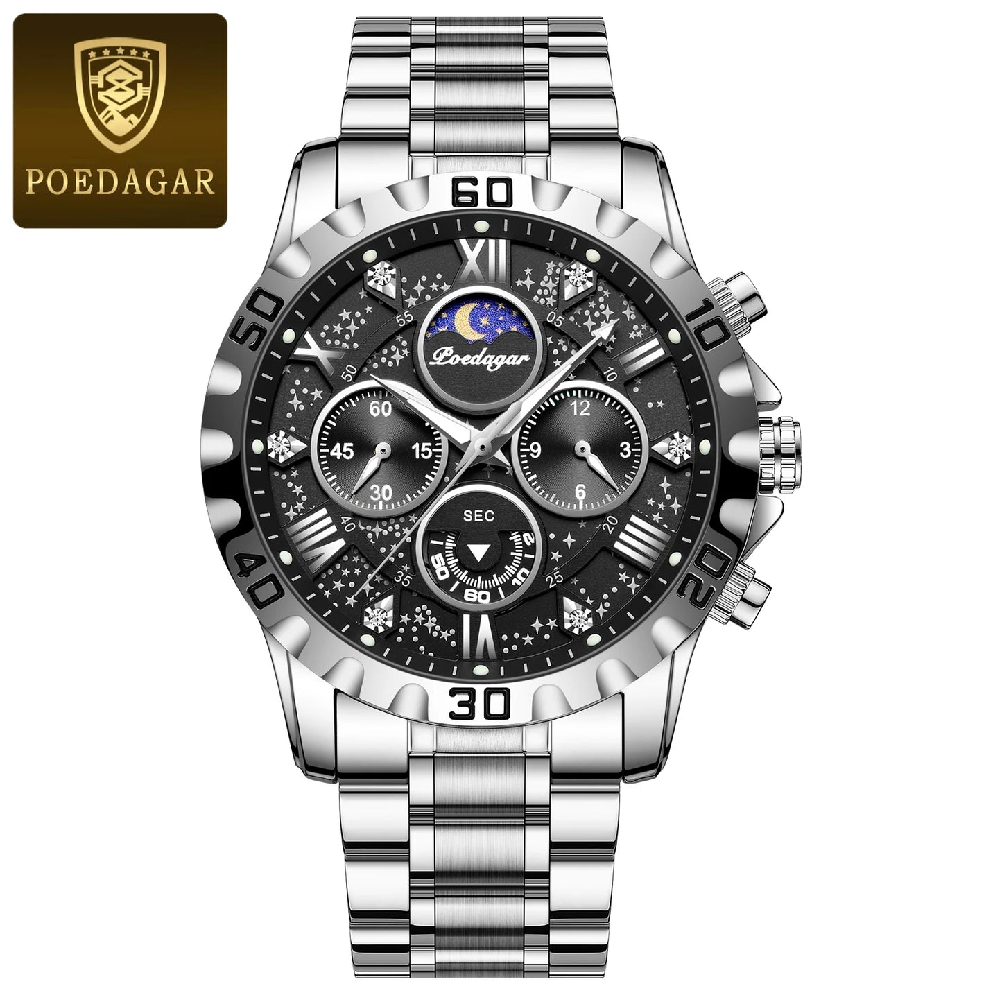 POEDAGAR Luxury Men's Watch – Waterproof Quartz Chronograph, Luminous Steel Sports Watch