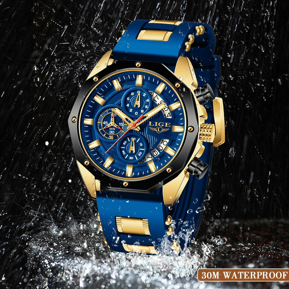 LIGE 2024 Men’s Luxury Sport Watch – Waterproof Silicone Strap Quartz Wristw