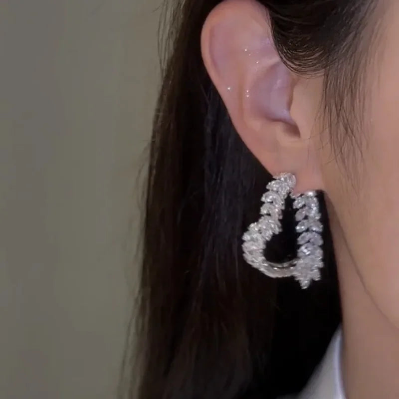 Korean Luxury Zircon Leaf Earrings – Elegant Heavy Industry Design for Women