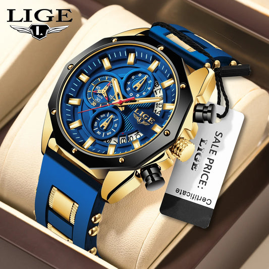LIGE 2024 Men’s Luxury Sport Watch – Waterproof Silicone Strap Quartz Wristw