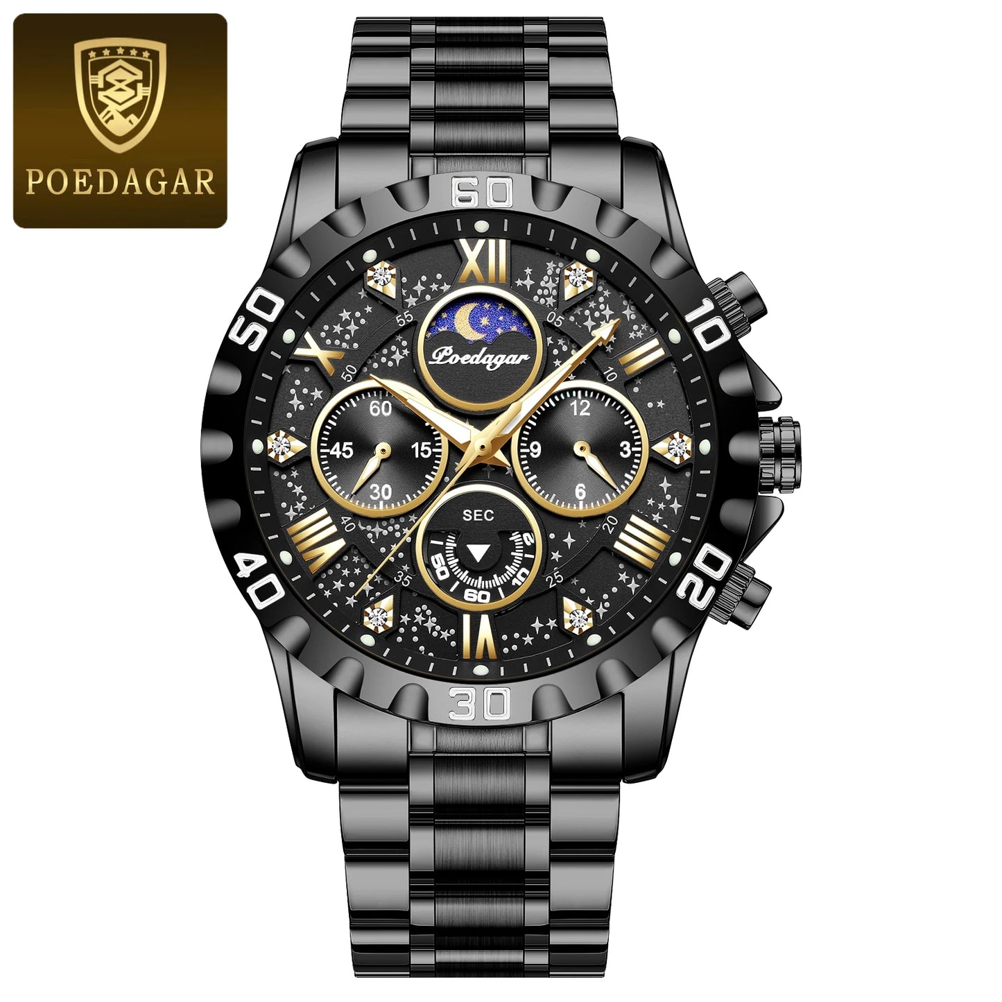 POEDAGAR Luxury Men's Watch – Waterproof Quartz Chronograph, Luminous Steel Sports Watch