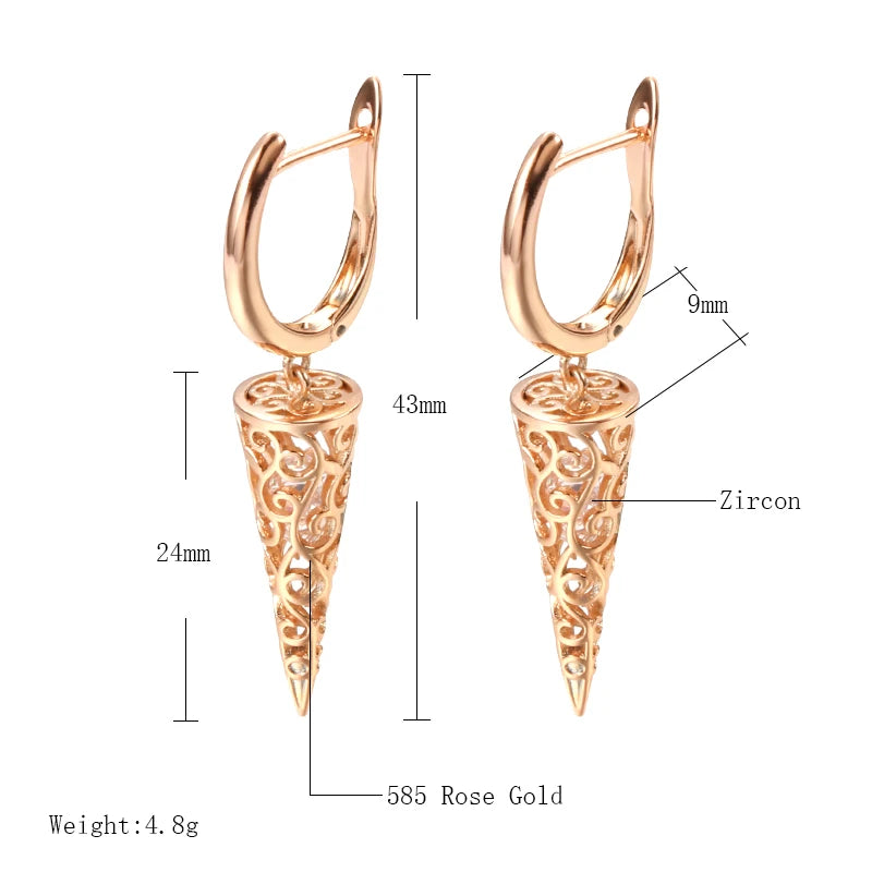 Luxury 585 Rose Gold Zircon Dangle Earrings for Women – Elegant Hollow Design
