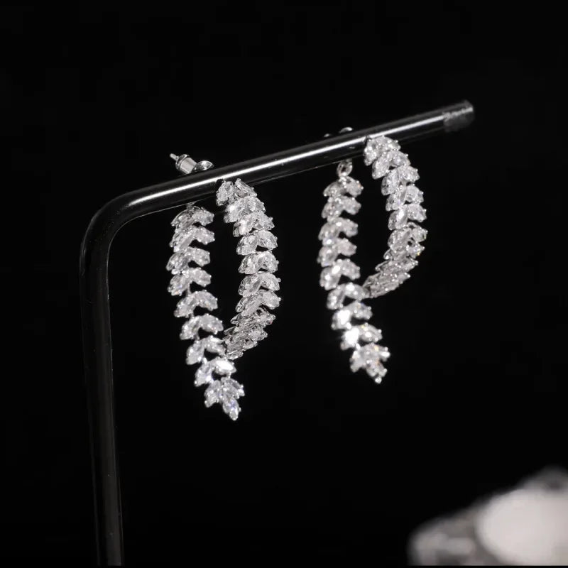 Korean Luxury Zircon Leaf Earrings – Elegant Heavy Industry Design for Women
