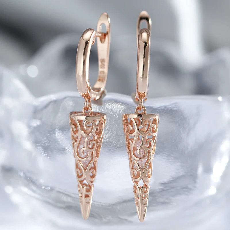 Luxury 585 Rose Gold Zircon Dangle Earrings for Women – Elegant Hollow Design