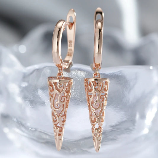 Luxury 585 Rose Gold Zircon Dangle Earrings for Women – Elegant Hollow Design