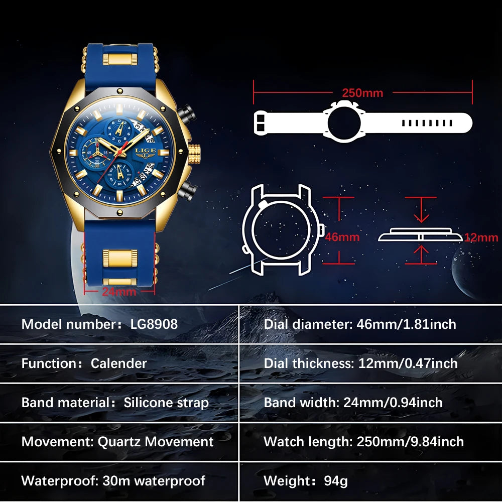 LIGE 2024 Men’s Luxury Sport Watch – Waterproof Silicone Strap Quartz Wristw
