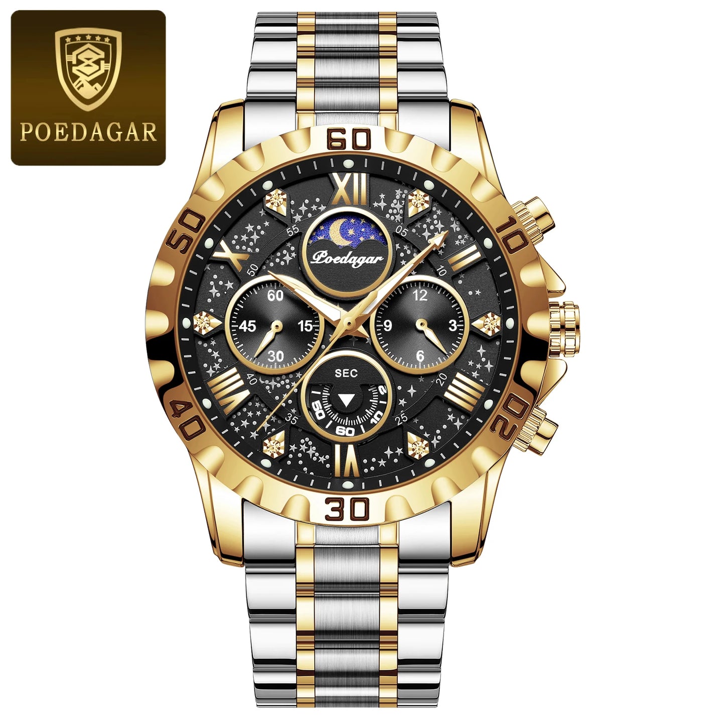 POEDAGAR Luxury Men's Watch – Waterproof Quartz Chronograph, Luminous Steel Sports Watch