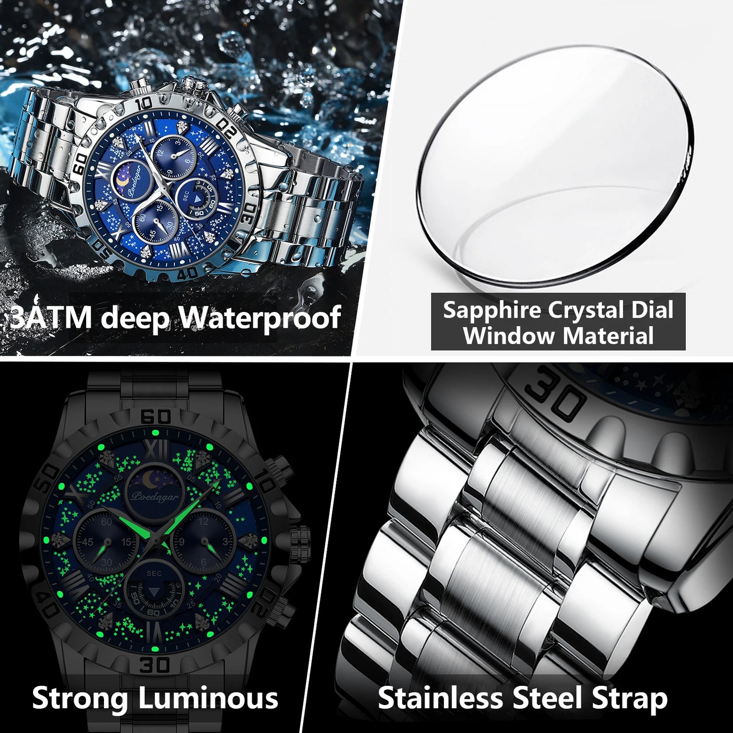 POEDAGAR Luxury Men's Watch – Waterproof Quartz Chronograph, Luminous Steel Sports Watch