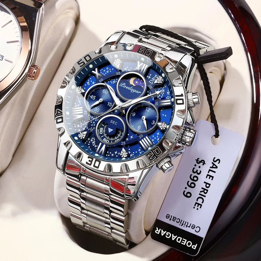 POEDAGAR Luxury Men's Watch – Waterproof Quartz Chronograph, Luminous Steel Sports Watch