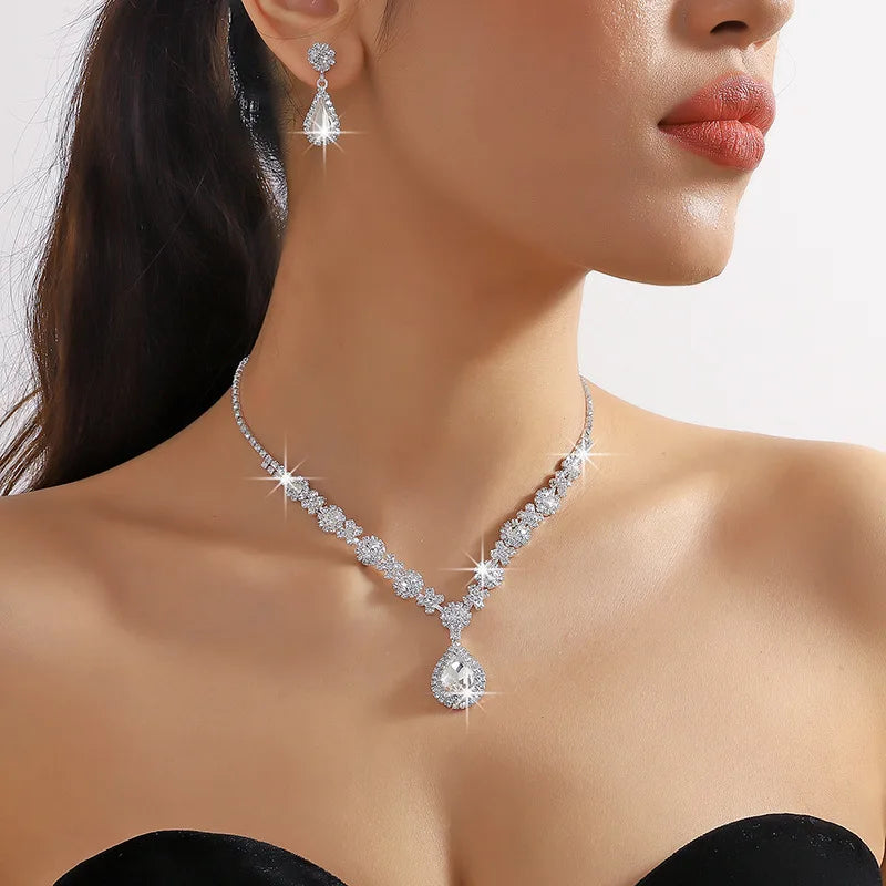 Elegant 3-Piece Crystal Droplet Necklace & Earrings Set for Women | Wedding & Evening Dress Jewelry