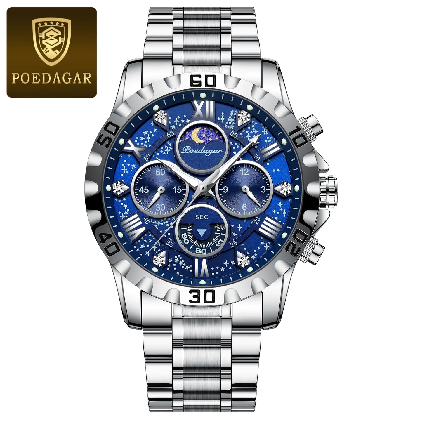 POEDAGAR Luxury Men's Watch – Waterproof Quartz Chronograph, Luminous Steel Sports Watch
