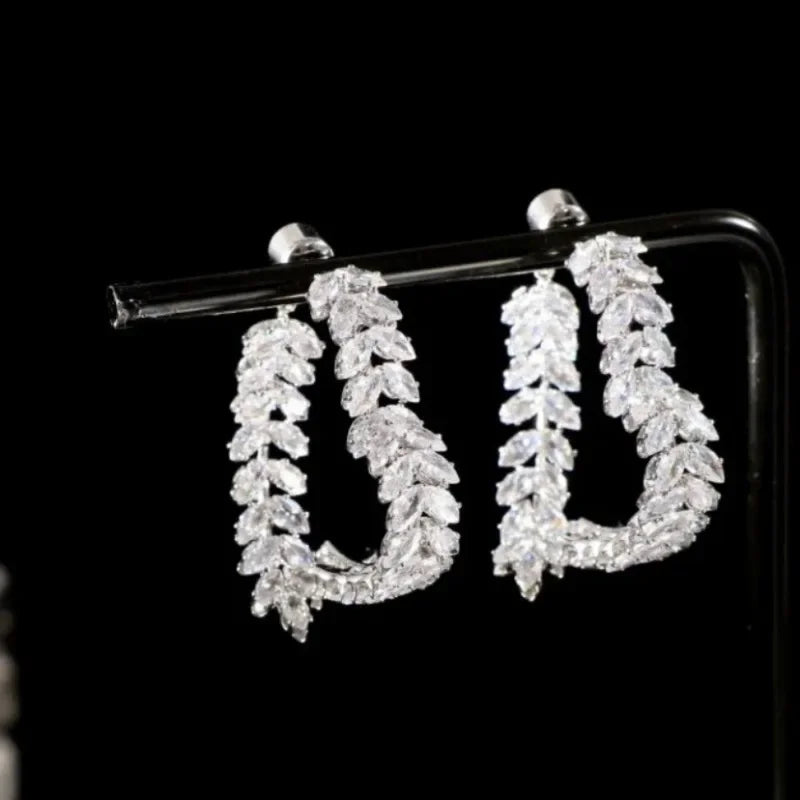 Korean Luxury Zircon Leaf Earrings – Elegant Heavy Industry Design for Women